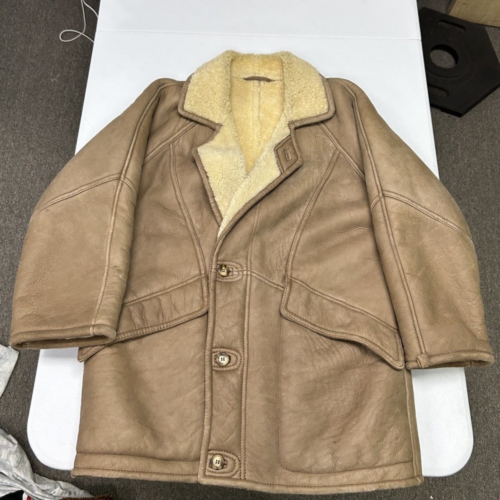 Vagrant Italia Shearling Coat Mens Tan Leather Sheepskin Jacket Button Front